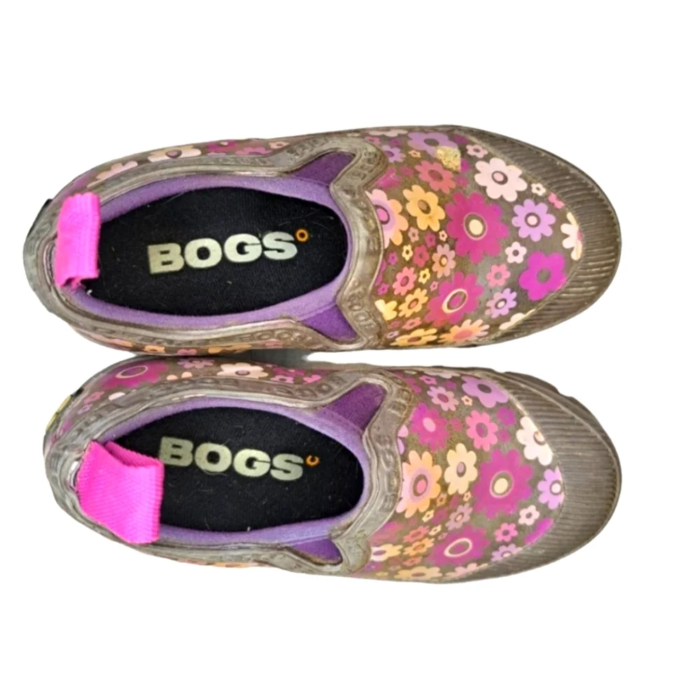 Bogs Gray Purple Floral Ankle Rain Boots Clogs Size 12